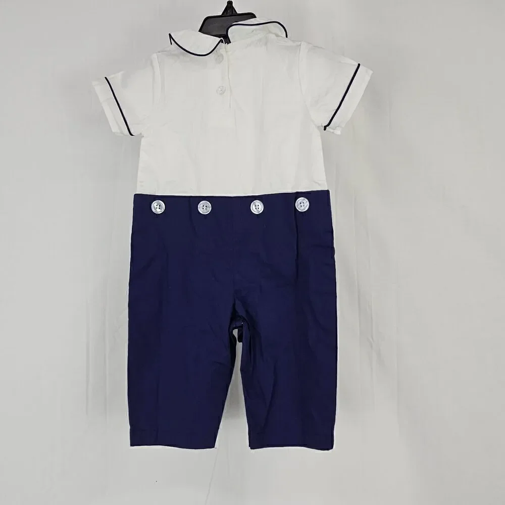 Lil Cactus Pique Button On Pants Romper Boys Size 3-6 Months Outfit Navy White